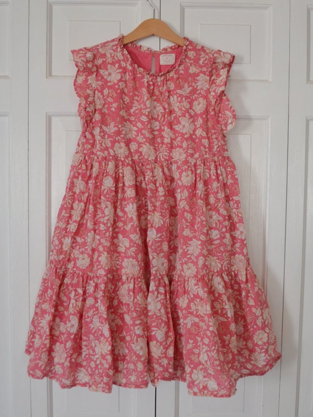 Crewcuts Girls' Pink Floral Ruffle Sleeve Tiered Dress Size 10